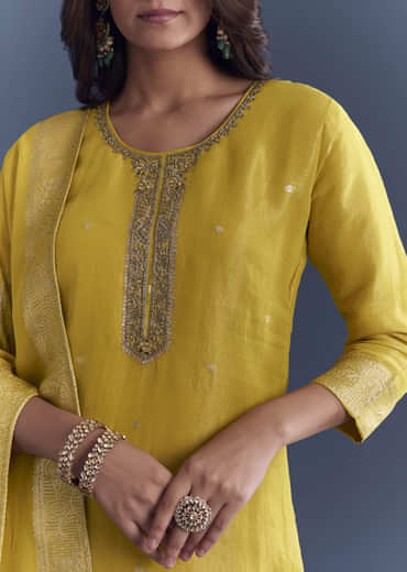 Yellow Tissue Palazzo Suit With Zardosi Embroidery