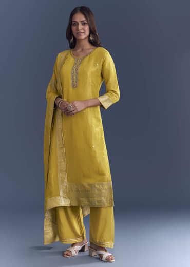 Yellow Tissue Palazzo Suit With Zardosi Embroidery