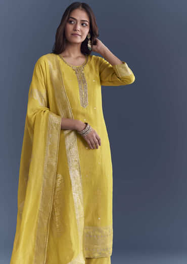 Yellow Tissue Palazzo Suit With Zardosi Embroidery