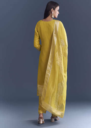 Yellow Tissue Palazzo Suit With Zardosi Embroidery