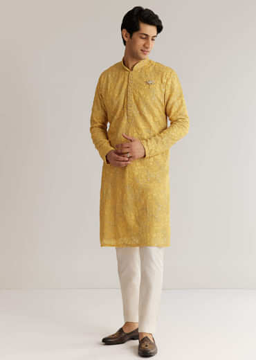 Yellow Tissue Resham Embroidered Kurta Set With Cutdana Beads