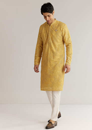 Yellow Tissue Resham Embroidered Kurta Set With Cutdana Beads