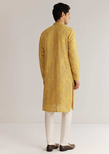 Yellow Tissue Resham Embroidered Kurta Set With Cutdana Beads