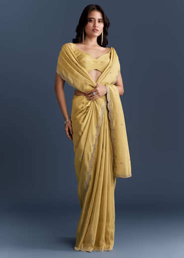Yellow Tissue Saree With Cutdana And Stone Embroidery