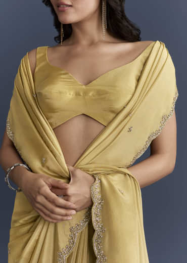 Yellow Tissue Saree With Cutdana And Stone Embroidery