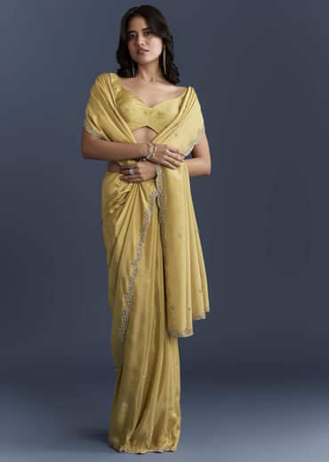 Yellow Tissue Saree With Cutdana And Stone Embroidery