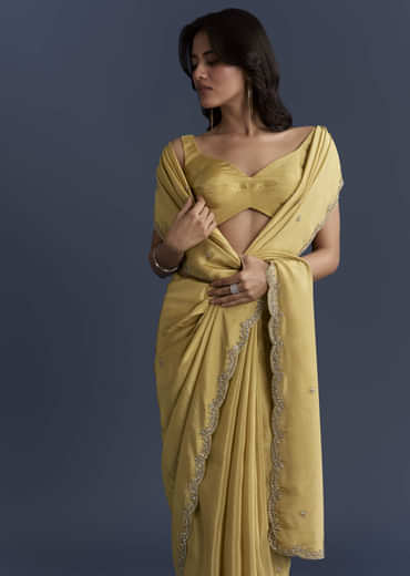 Yellow Tissue Saree With Cutdana And Stone Embroidery