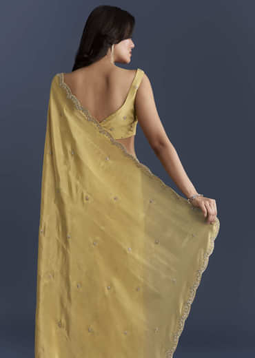 Yellow Tissue Saree With Cutdana And Stone Embroidery