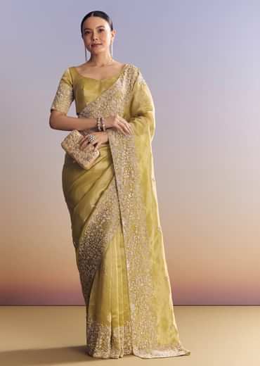 Yellow Tissue Saree With Heavy Floral Embroidered Border