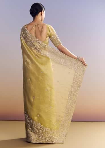 Yellow Tissue Saree With Heavy Floral Embroidered Border