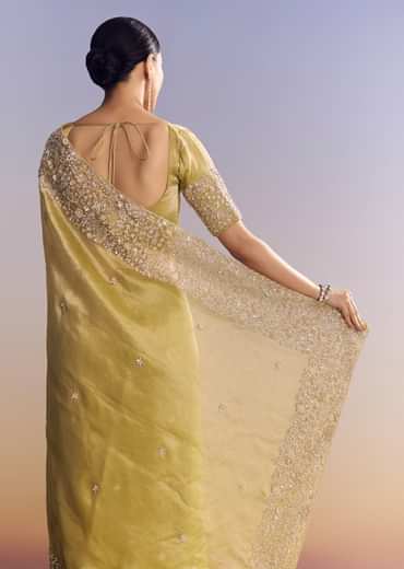Yellow Tissue Saree With Heavy Floral Embroidered Border