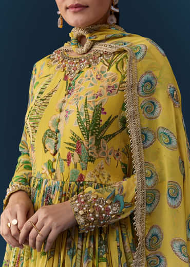 Yellow Tropical Print Georgette Anarkali with Moti Work
