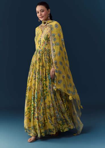 Yellow Tropical Print Georgette Anarkali with Moti Work