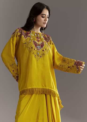 Yellow Tussar Silk Kurta Skirt With Beads And Threadwork