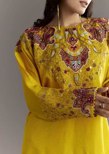 Yellow Tussar Silk Kurta Skirt With Beads And Threadwork