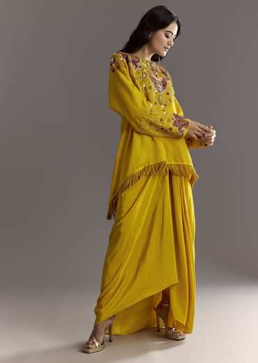 Yellow Tussar Silk Kurta Skirt With Beads And Threadwork