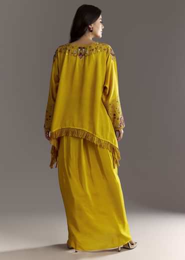 Yellow Tussar Silk Kurta Skirt With Beads And Threadwork