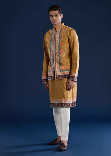Yellow Velvet Printed Jacket Kurta Set