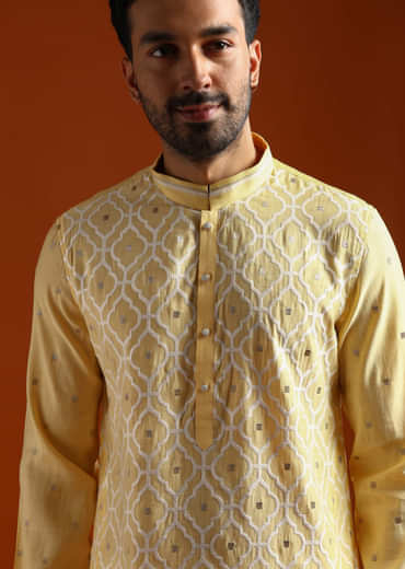 Yellow Viscose Kurta Set For Men With Resham Work