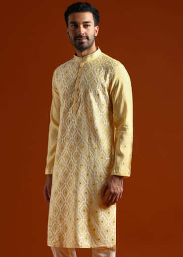 Yellow Viscose Kurta Set For Men With Resham Work