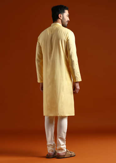 Yellow Viscose Kurta Set For Men With Resham Work