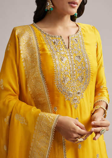 Yellow Zari Palazzo Suit Set With Dupatta