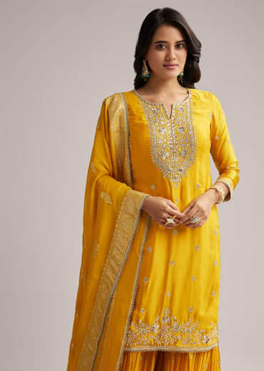 Yellow Zari Palazzo Suit Set With Dupatta