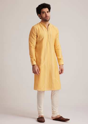 Yellow Abstract Striped Kurta Set