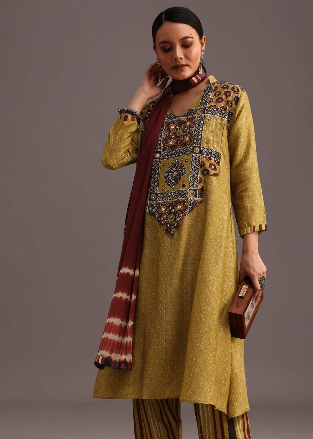 Mehendi Green Ajrakh Printed Kurti With Stripe Printed Salwar