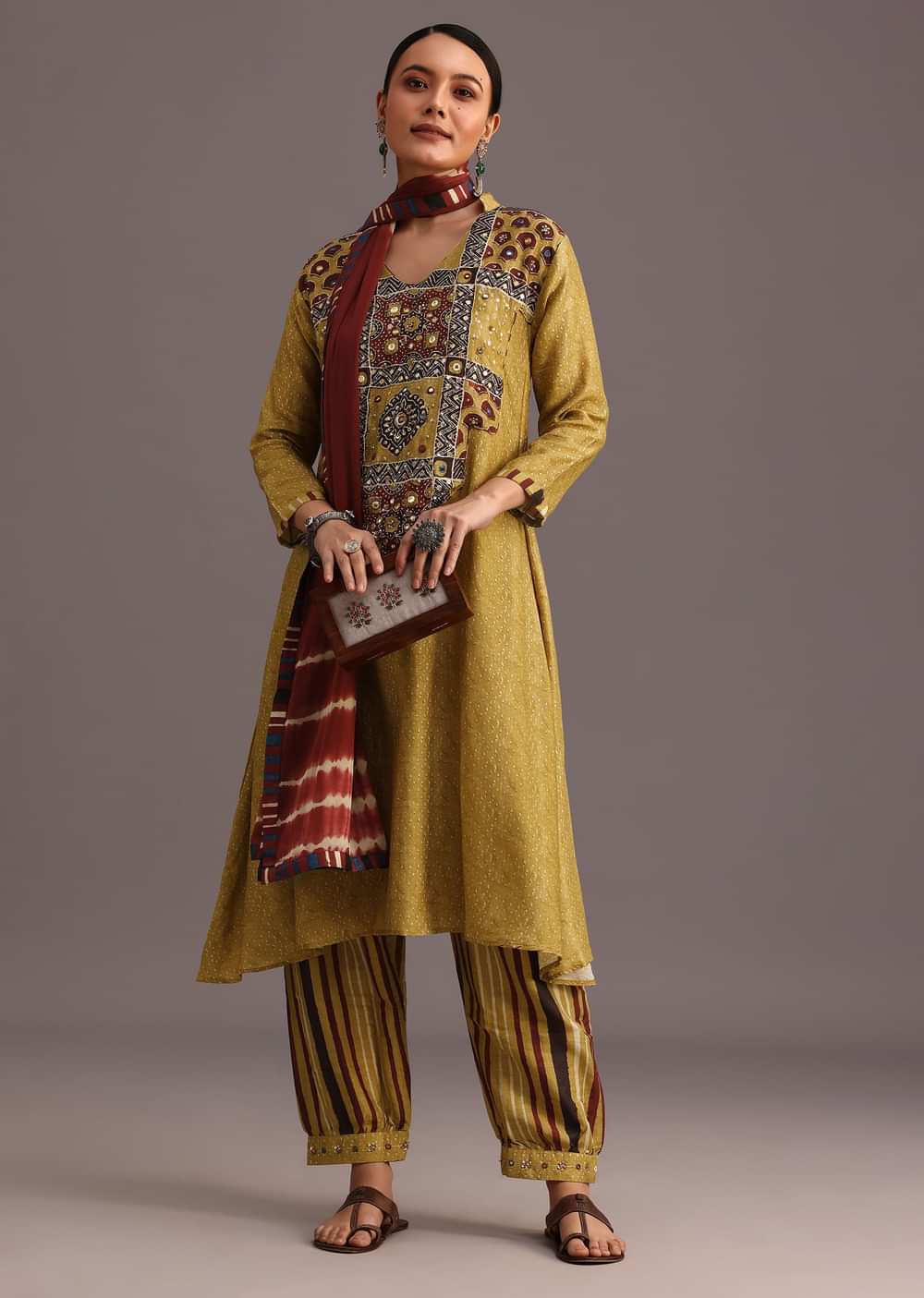 Mehendi Green Ajrakh Printed Kurti With Stripe Printed Salwar