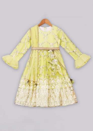 Kalki Girls Yellow Anarkali With Delicate Overall Embroidery And Organza Ruffle Sleeves By Free Sparrow
