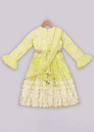 Kalki Girls Yellow Anarkali With Delicate Overall Embroidery And Organza Ruffle Sleeves By Free Sparrow