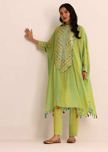 Yellow And Blue Embroidered Crepe Kaftan Kurti And Pant