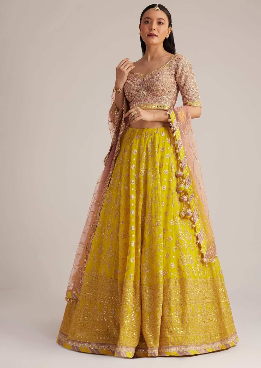 Yellow and Mauve Embroidered Lehenga Set With Net Dupatta