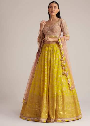 Yellow and Mauve Embroidered Lehenga Set With Net Dupatta