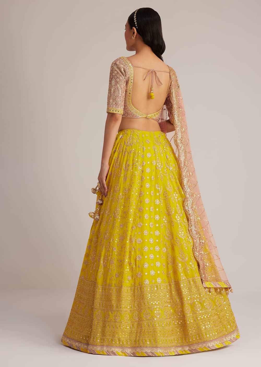 Yellow and Mauve Embroidered Lehenga Set With Net Dupatta