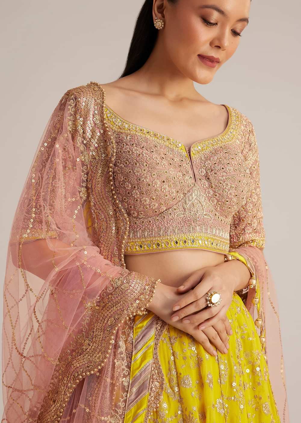 Yellow and Mauve Embroidered Lehenga Set With Net Dupatta