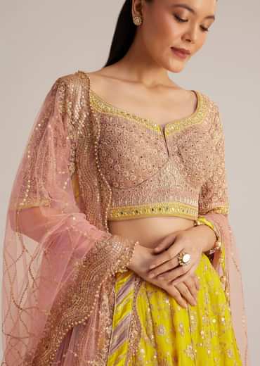 Yellow and Mauve Embroidered Lehenga Set With Net Dupatta