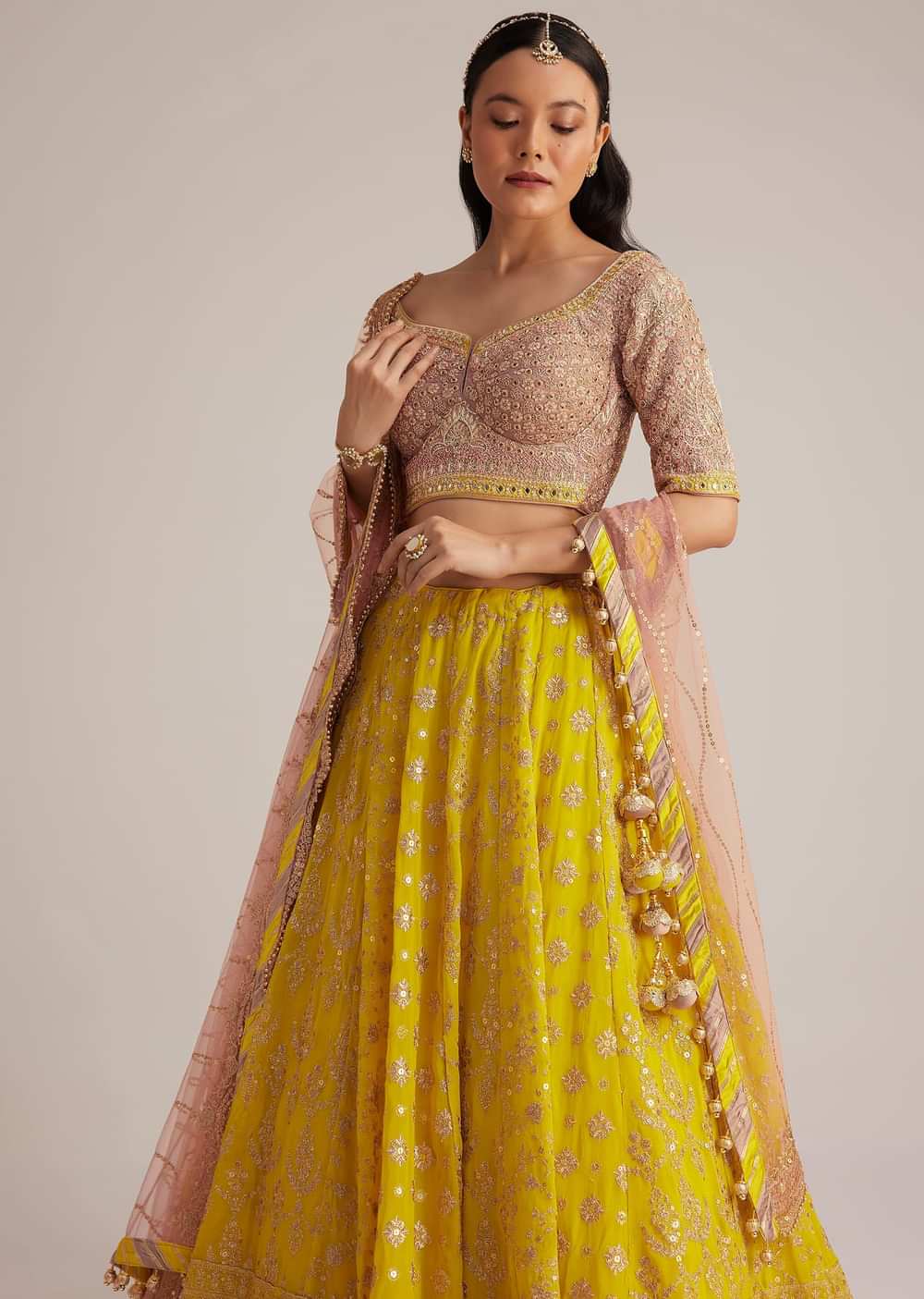 Yellow and Mauve Embroidered Lehenga Set With Net Dupatta