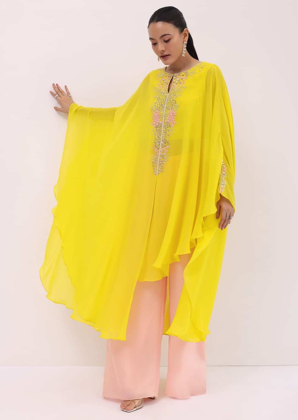 Yellow And Peach Georgette Kurta Palazzo