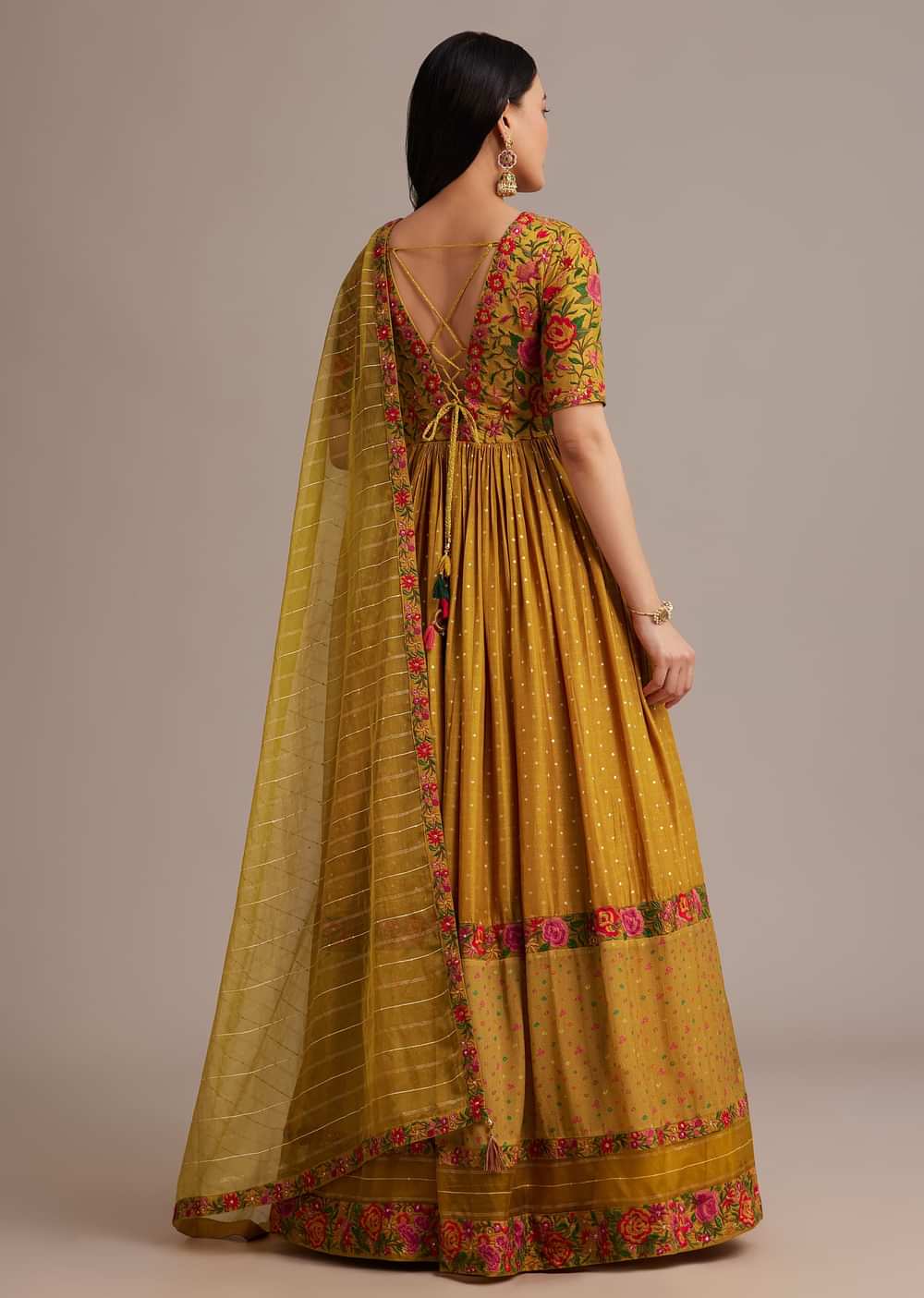 Yellow Bandhani Print Anarkali Set With Thread And Butti Work