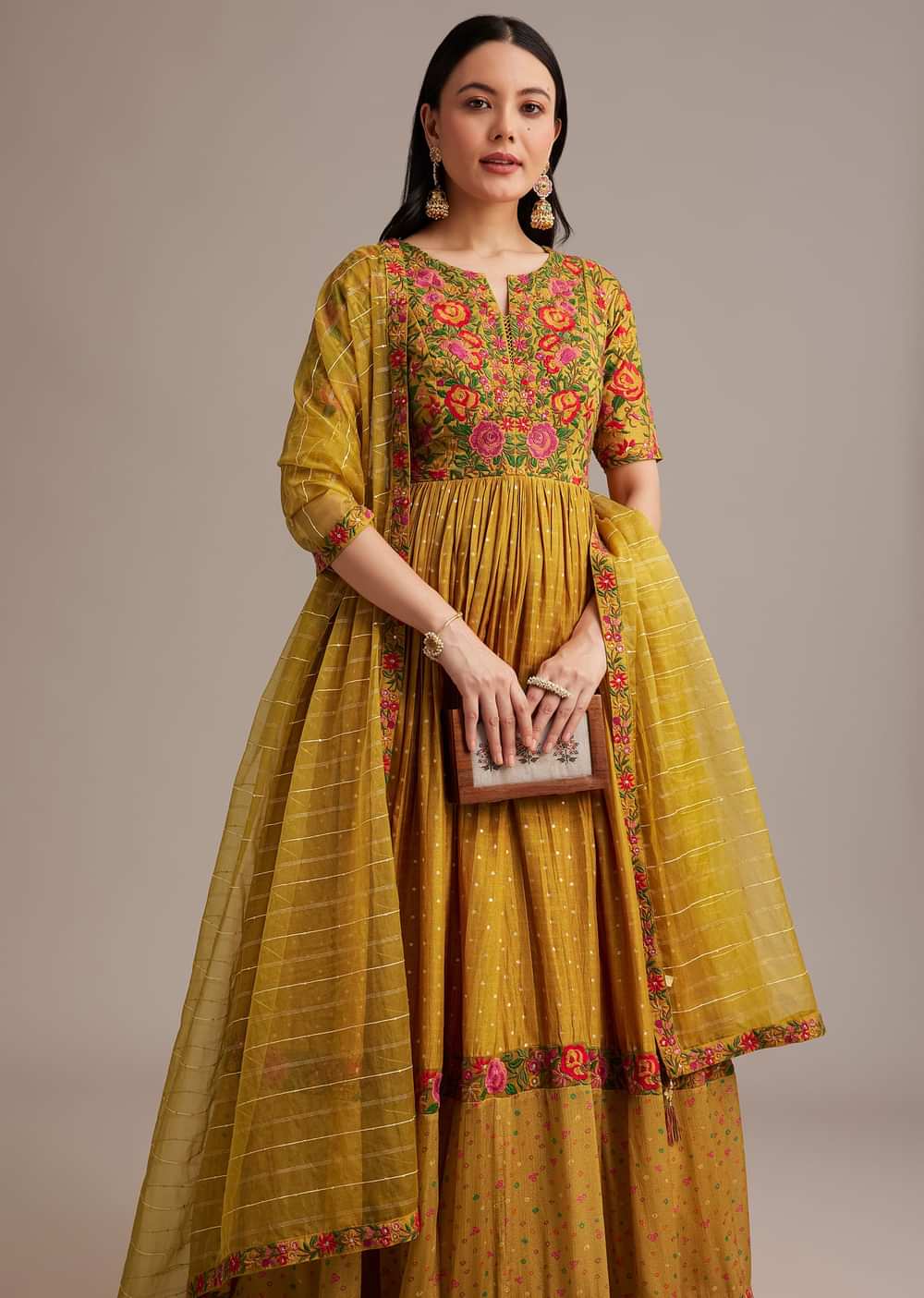 Yellow Bandhani Print Anarkali Set With Thread And Butti Work
