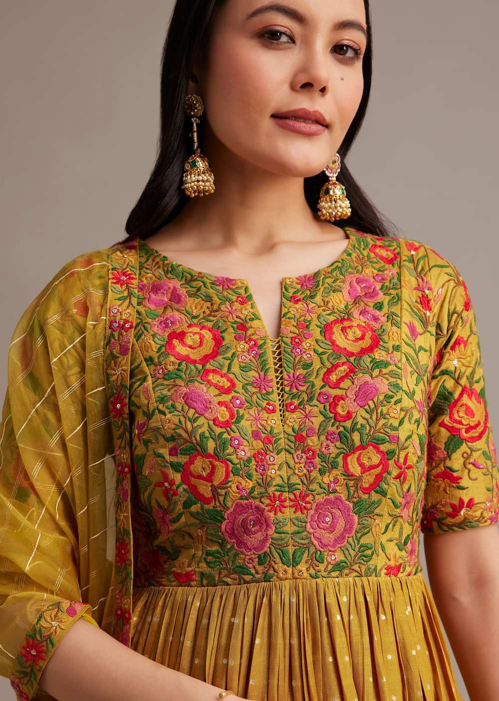 Yellow Bandhani Print Anarkali Set With Thread And Butti Work