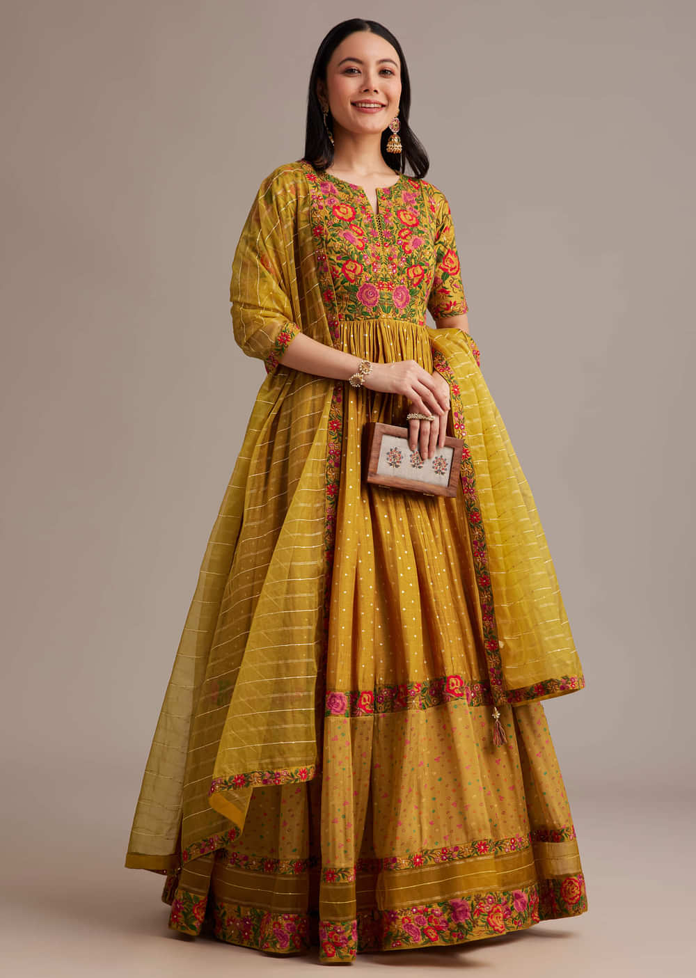 Yellow Bandhani Print Anarkali Set With Thread And Butti Work