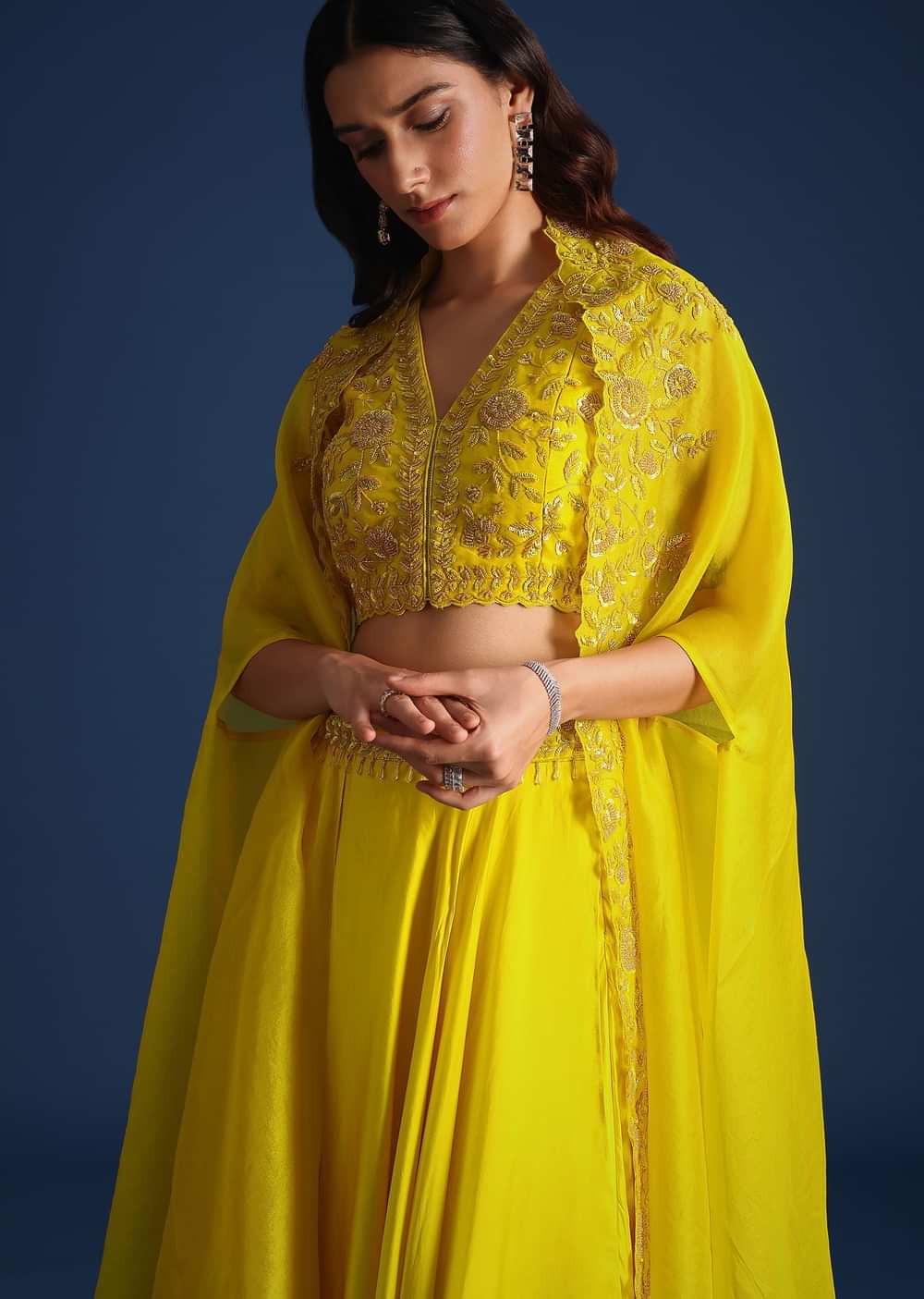Yellow Bead Embroidered Jacket With Blouse And Skirt