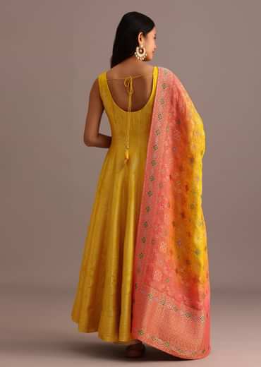 Yellow Brocade Weave Anarkali Set With Dupatta