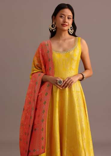 Yellow Brocade Weave Anarkali Set With Dupatta