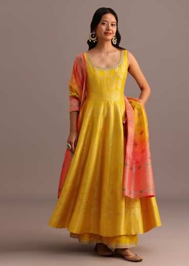 Yellow Brocade Weave Anarkali Set With Dupatta
