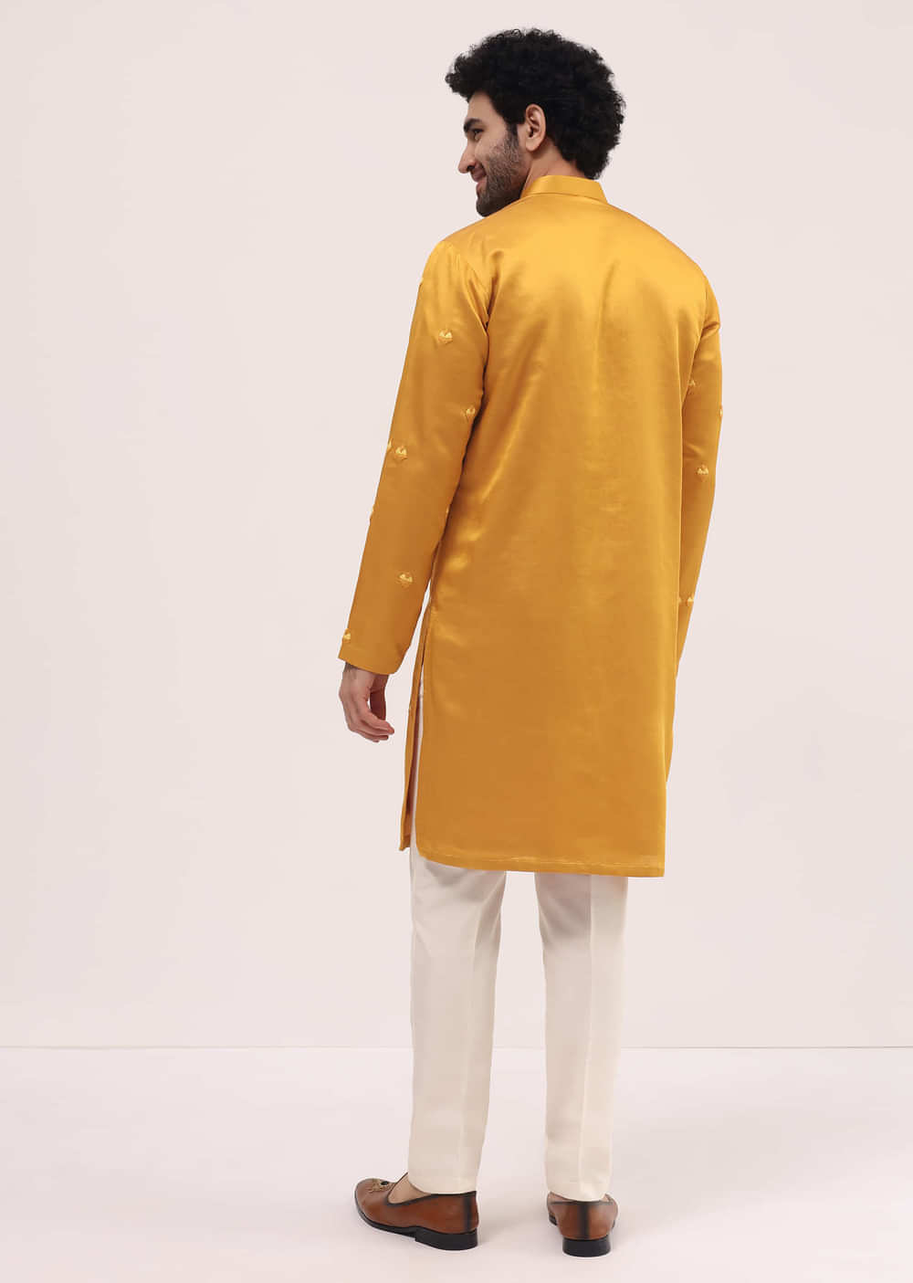 Yellow Bud Embroidered Silk Kurta Set For Men