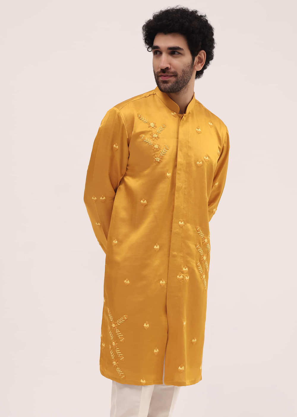 Yellow Bud Embroidered Silk Kurta Set For Men